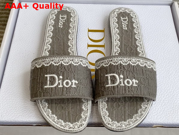 Dior Dentelle Heeled Slide Trianon Gray Dior Oblique Embroidered Cotton and White Lace Replica
