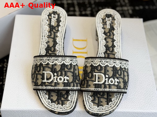 Dior Dentelle Heeled Slide in Blue Dior Oblique Embroidered Cotton and White Lace Replica