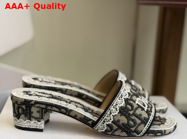 Dior Dentelle Heeled Slide in Blue Dior Oblique Embroidered Cotton and White Lace Replica