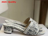 Dior Dentelle Heeled Slide in Gray Dior Oblique Embroidered Cotton and White Lace Replica