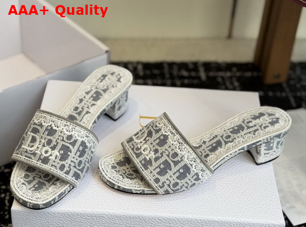 Dior Dentelle Heeled Slide in Gray Dior Oblique Embroidered Cotton and White Lace Replica