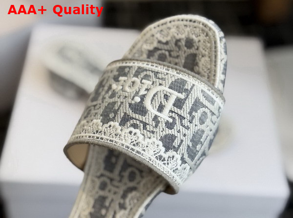 Dior Dentelle Heeled Slide in Gray Dior Oblique Embroidered Cotton and White Lace Replica