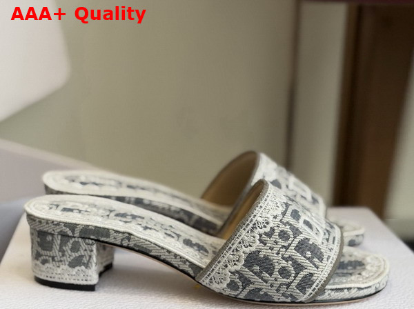 Dior Dentelle Heeled Slide in Gray Dior Oblique Embroidered Cotton and White Lace Replica