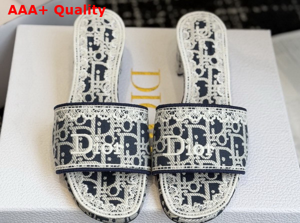 Dior Dentelle Heeled Slide in Navy Blue Dior Oblique Embroidered Cotton and White Lace Replica