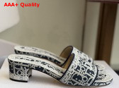 Dior Dentelle Heeled Slide in Navy Blue Dior Oblique Embroidered Cotton and White Lace Replica
