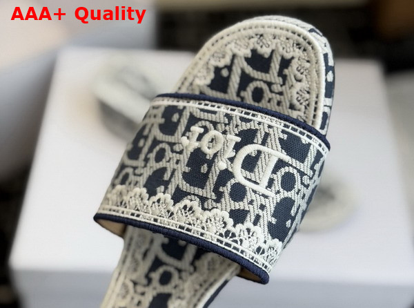 Dior Dentelle Heeled Slide in Navy Blue Dior Oblique Embroidered Cotton and White Lace Replica