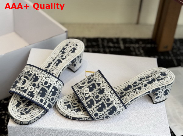 Dior Dentelle Heeled Slide in Navy Blue Dior Oblique Embroidered Cotton and White Lace Replica