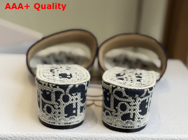 Dior Dentelle Heeled Slide in Navy Blue Dior Oblique Embroidered Cotton and White Lace Replica