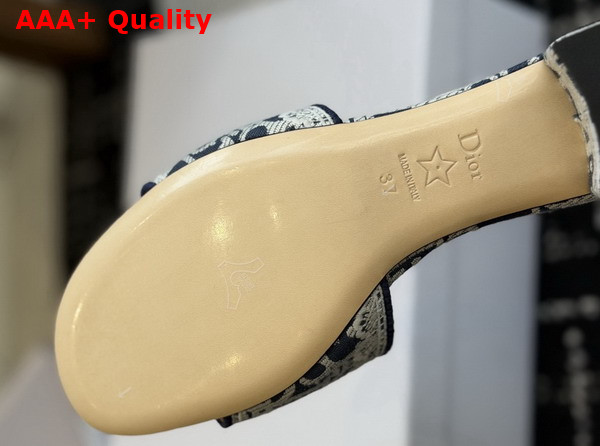 Dior Dentelle Heeled Slide in Navy Blue Dior Oblique Embroidered Cotton and White Lace Replica