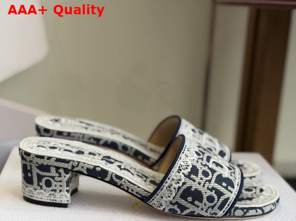 Dior Dentelle Heeled Slide in Navy Blue Dior Oblique Embroidered Cotton and White Lace Replica