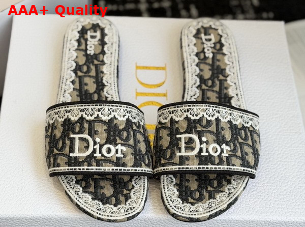 Dior Dentelle Slide Blue Dior Oblique Embroidered Cotton and White Lace Replica