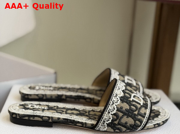 Dior Dentelle Slide Blue Dior Oblique Embroidered Cotton and White Lace Replica