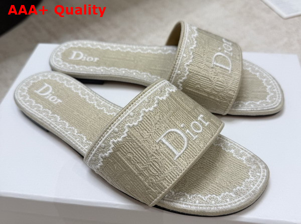 Dior Dentelle Slide in Beige Dior Oblique Embroidered Cotton and White Lace Replica