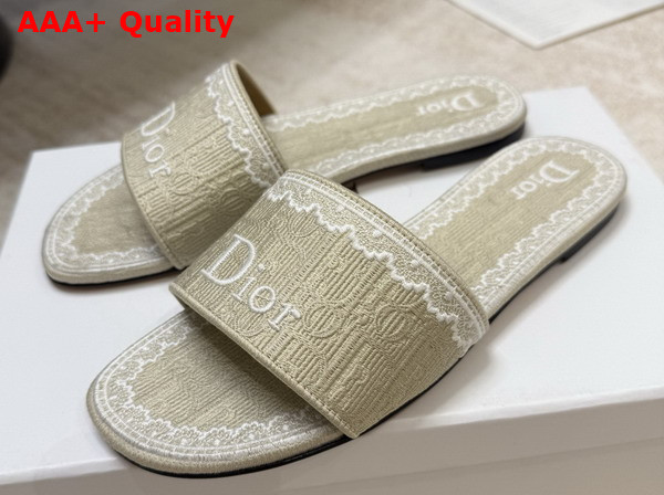 Dior Dentelle Slide in Beige Dior Oblique Embroidered Cotton and White Lace Replica