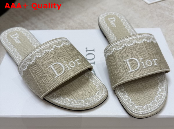 Dior Dentelle Slide in Beige Dior Oblique Embroidered Cotton and White Lace Replica