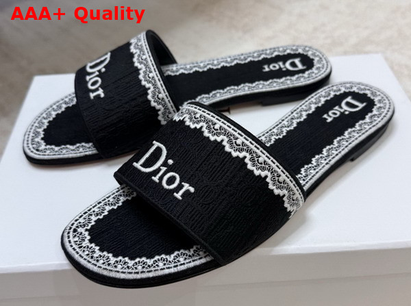Dior Dentelle Slide in Black Dior Oblique Embroidered Cotton and White Lace Replica