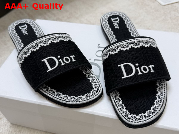 Dior Dentelle Slide in Black Dior Oblique Embroidered Cotton and White Lace Replica