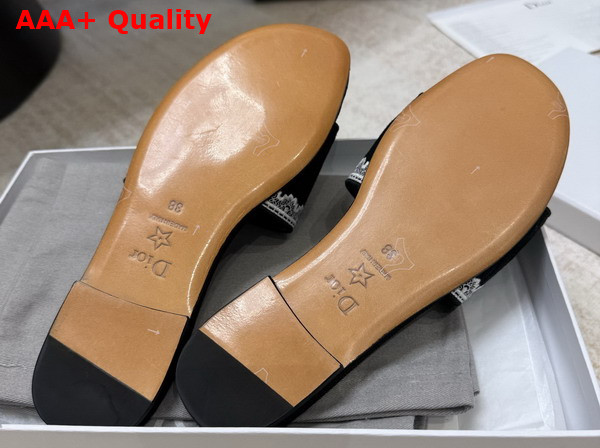 Dior Dentelle Slide in Black Dior Oblique Embroidered Cotton and White Lace Replica