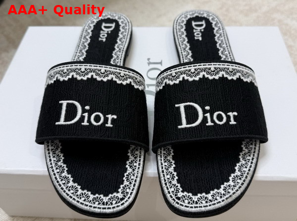 Dior Dentelle Slide in Black Dior Oblique Embroidered Cotton and White Lace Replica