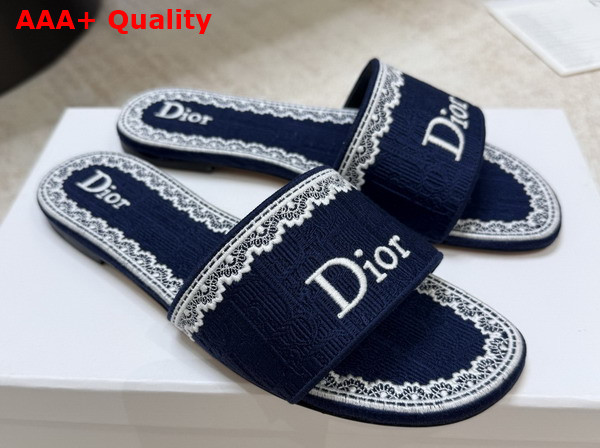 Dior Dentelle Slide in Blue Dior Oblique Embroidered Cotton and White Lace Replica