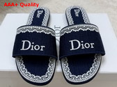 Dior Dentelle Slide in Blue Dior Oblique Embroidered Cotton and White Lace Replica