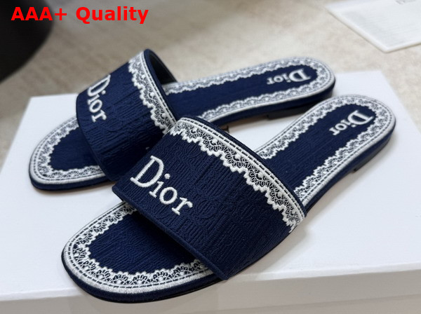 Dior Dentelle Slide in Blue Dior Oblique Embroidered Cotton and White Lace Replica