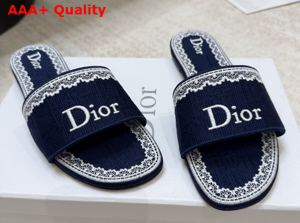 Dior Dentelle Slide in Blue Dior Oblique Embroidered Cotton and White Lace Replica