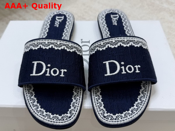 Dior Dentelle Slide in Blue Dior Oblique Embroidered Cotton and White Lace Replica