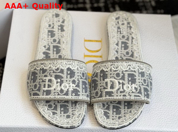Dior Dentelle Slide in Gray Dior Oblique Embroidered Cotton and White Lace Replica