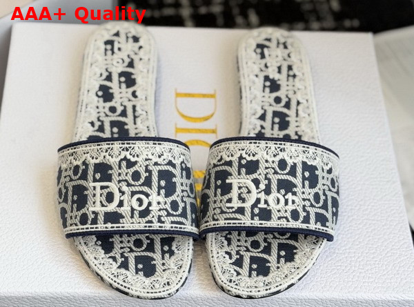 Dior Dentelle Slide in Navy Blue Dior Oblique Embroidered Cotton and White Lace Replica
