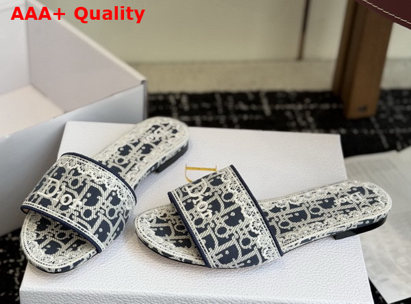 Dior Dentelle Slide in Navy Blue Dior Oblique Embroidered Cotton and White Lace Replica