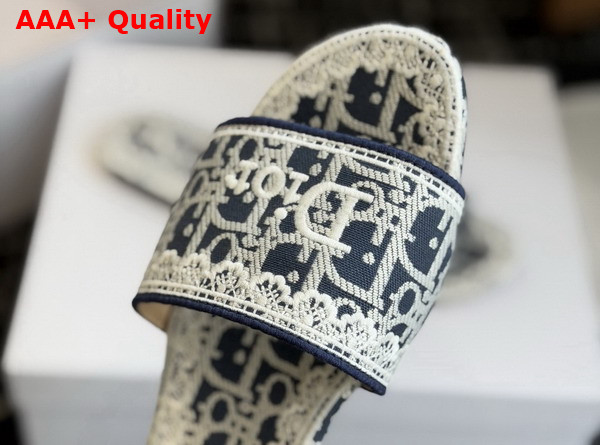 Dior Dentelle Slide in Navy Blue Dior Oblique Embroidered Cotton and White Lace Replica