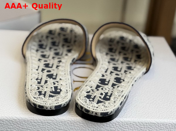 Dior Dentelle Slide in Navy Blue Dior Oblique Embroidered Cotton and White Lace Replica