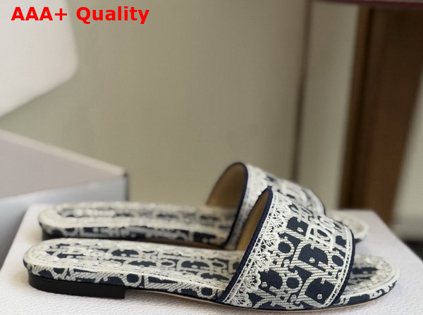 Dior Dentelle Slide in Navy Blue Dior Oblique Embroidered Cotton and White Lace Replica
