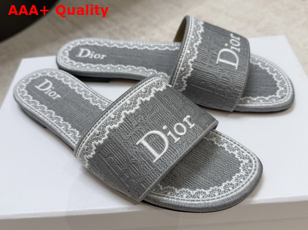 Dior Dentelle Slide in Trianon Gray Dior Oblique Embroidered Cotton and White Lace Replica