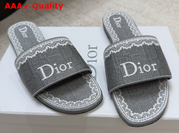 Dior Dentelle Slide in Trianon Gray Dior Oblique Embroidered Cotton and White Lace Replica
