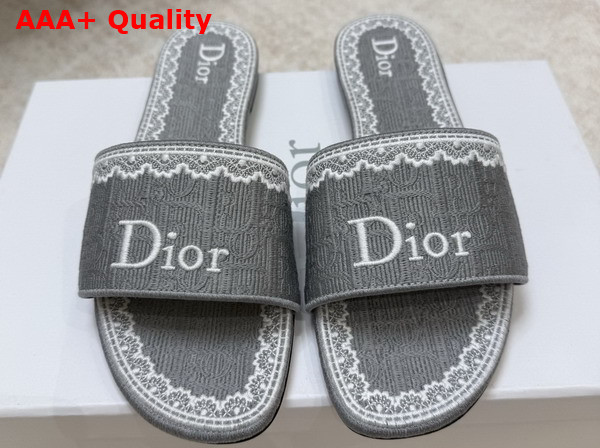 Dior Dentelle Slide in Trianon Gray Dior Oblique Embroidered Cotton and White Lace Replica