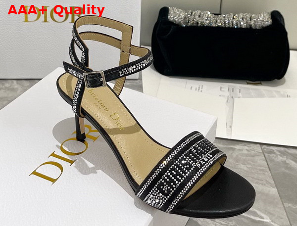 Dior Dway Heeled Sandal Black Cotton Embroidered with Thread and Silver Tone Strass Replica