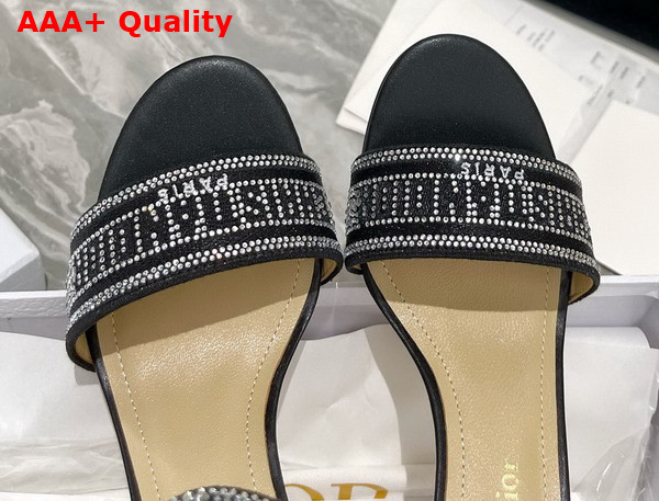 Dior Dway Heeled Sandal Black Cotton Embroidered with Thread and Silver Tone Strass Replica