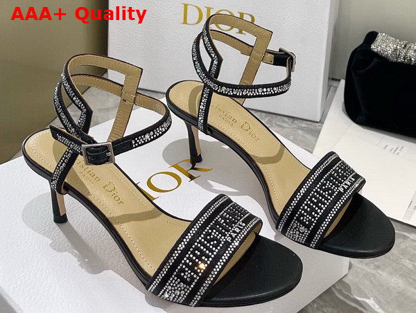 Dior Dway Heeled Sandal Black Cotton Embroidered with Thread and Silver Tone Strass Replica