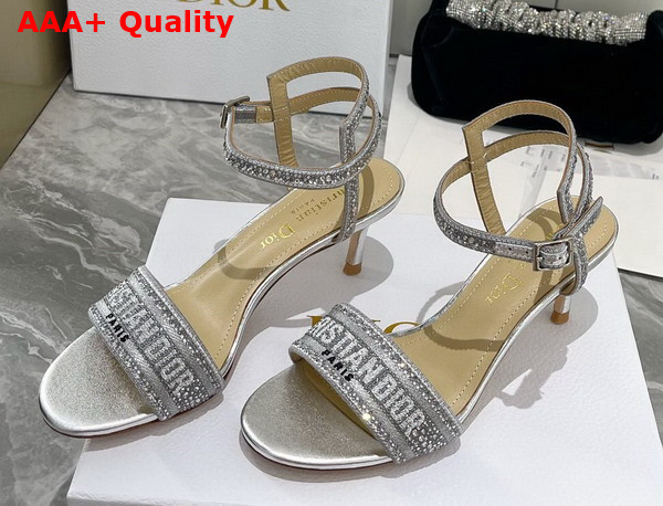Dior Dway Heeled Sandal Cotton Metallic Thread Embroidery and Silver Tone Strass Replica
