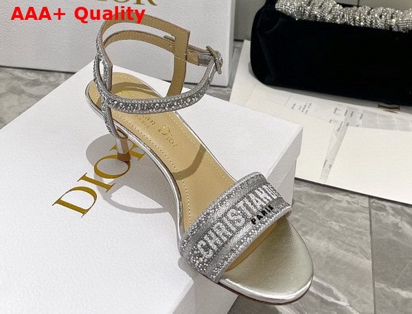 Dior Dway Heeled Sandal Cotton Metallic Thread Embroidery and Silver Tone Strass Replica