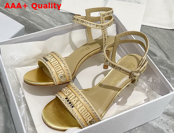 Dior Dway Heeled Sandal Gold Tone Cotton Embroidered with Metallic Thread and Strass Replica