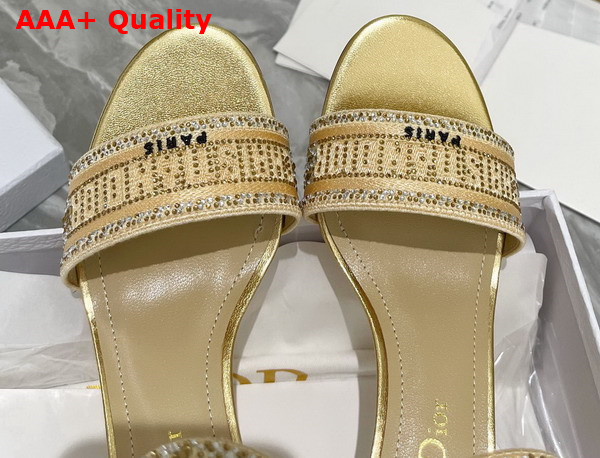 Dior Dway Heeled Sandal Gold Tone Cotton Embroidered with Metallic Thread and Strass Replica