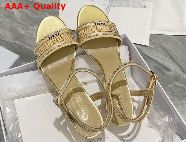 Dior Dway Heeled Sandal Gold Tone Cotton Embroidered with Metallic Thread and Strass Replica