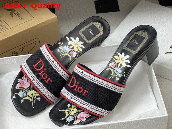 Dior Dway Heeled Slide Black Embroidered Cotton and Multicolor Dior Secret Garden Motif Replica