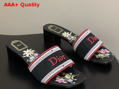 Dior Dway Heeled Slide Black Embroidered Cotton and Multicolor Dior Secret Garden Motif Replica