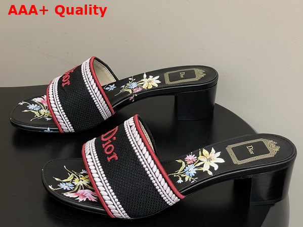 Dior Dway Heeled Slide Black Embroidered Cotton and Multicolor Dior Secret Garden Motif Replica