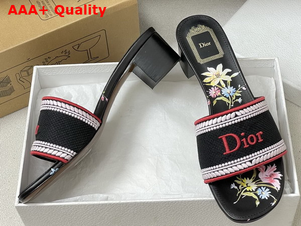 Dior Dway Heeled Slide Black Embroidered Cotton and Multicolor Dior Secret Garden Motif Replica