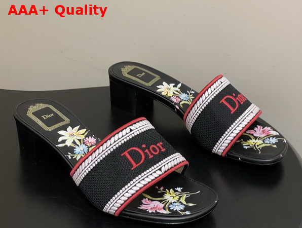 Dior Dway Heeled Slide Black Embroidered Cotton and Multicolor Dior Secret Garden Motif Replica